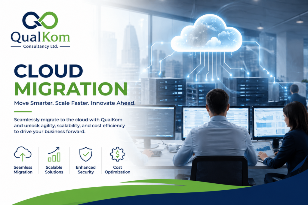 Business cloud migration concept showing secure cloud infrastructure, Microsoft Azure-style cloud computing, data transfer, cybersecurity, and digital transformation for modern organizations. This blog is optimized to rank for "Cloud Migration", "Cloud Migration Services", and related B2B keywords while naturally positioning QualKom as a trusted cloud consulting partner.